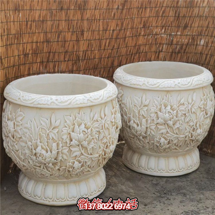漢白玉浮雕荷花養魚缸，精美庭院裝飾戶外中式花盆
