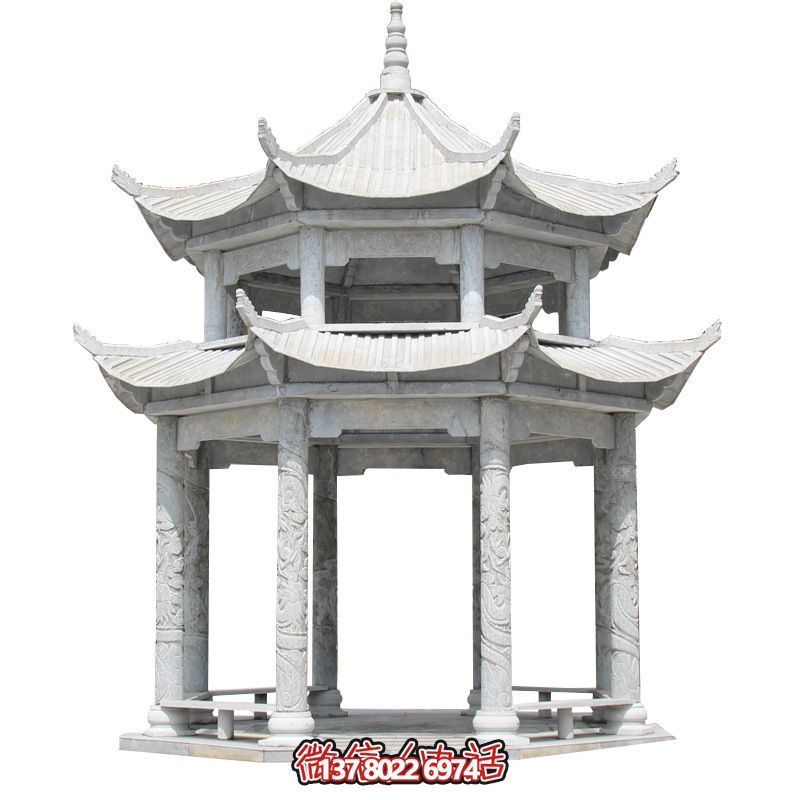 精美大理石雙層柱涼亭，雕塑點綴休息亭