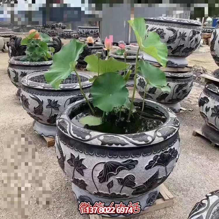 經典荷花石雕浮雕圓形水缸，裝點您的庭院