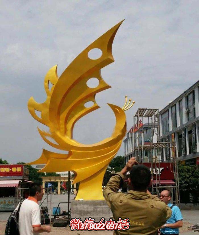 公園創意不銹鋼抽象黃色鳳凰雕塑 公園創意不銹鋼抽象黃色鳳凰雕塑